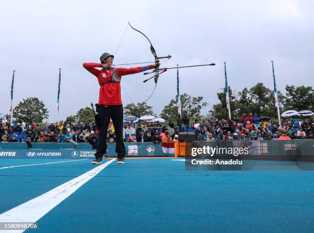 Mete Gazoz of Turkish national archer competes against Marcus Dâalmeida of Brazil during Recurve Men's semi-finals at the 2023 World Archery...