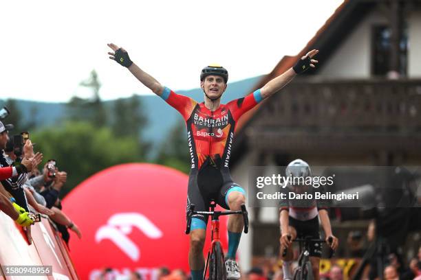 Matej Mohorič of Slovenia and Team Bahrain - Victorious celebrates at finish line as stage winner during the 80th Tour de Pologne 2023, Stage 2 a...