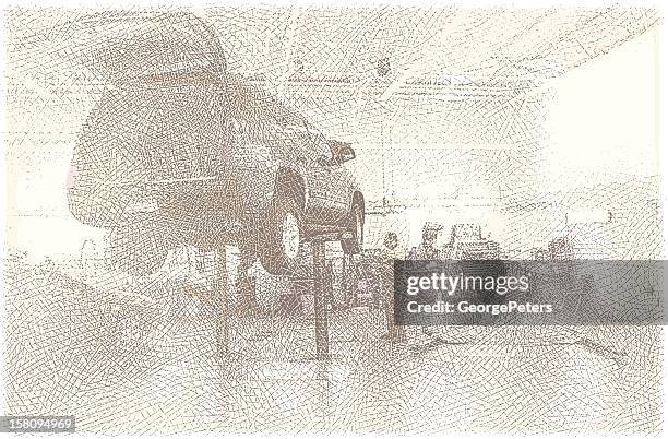 auto mechanic working on car - auto repair shop background stock illustrations