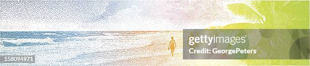 couple enjoying romantic walk on beach - spring break stock illustrations