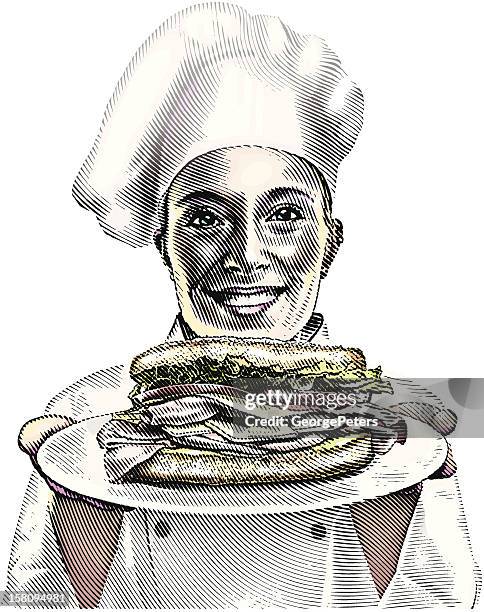 chef and sandwich - serving dish stock illustrations