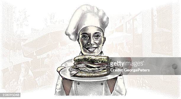 illustrations, cliparts, dessins animés et icônes de chef et sandwich au restaurant - ciabatta