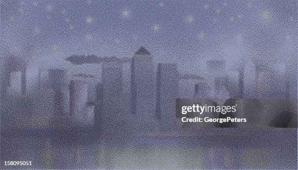 cityscape at night etching - selective focus office stock illustrations