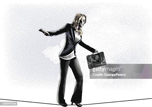 ilustraciones, imágenes clip art, dibujos animados e iconos de stock de mujer de negocios caminando cuerda floja - cuerda floja