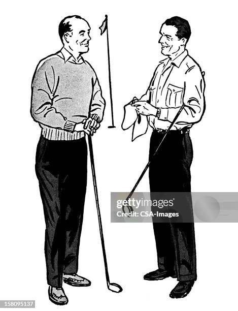 two golfers talking - middle age man stock illustrations