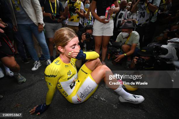 Demi Vollering of The Netherlands and Team SD Worx - Protime - Yellow leader jersey celebrates at finish line as final overall winner during the 2nd...