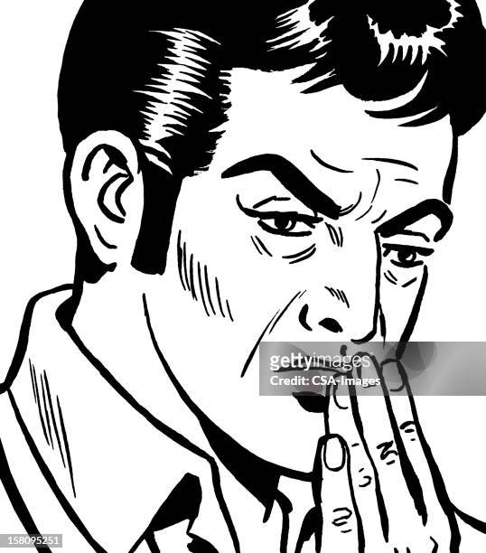 dark haired man with hand on his mouth - man looking inside mouth illustrated stock illustrations