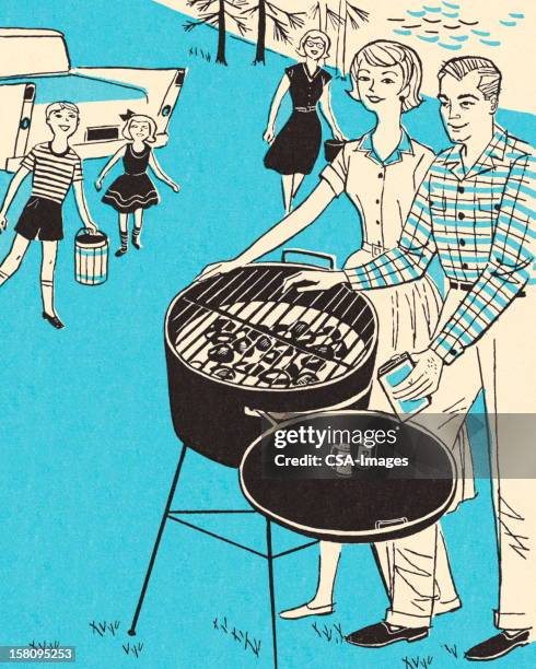 outdoor barbecue - couple making dinner stock illustrations