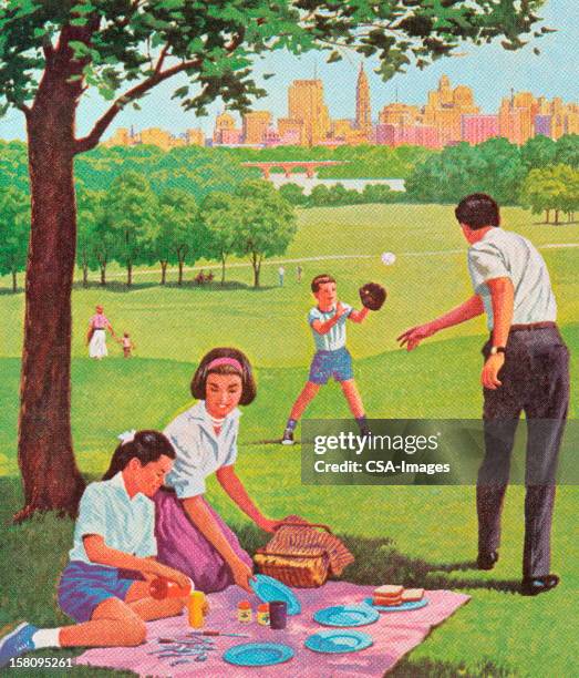 picknick mit der familie - mann lässig gras sitzen stock-grafiken, -clipart, -cartoons und -symbole