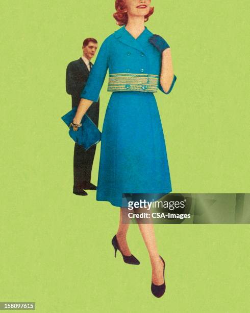 ilustrações de stock, clip art, desenhos animados e ícones de mulher em fato azul e homem por trás de sua - luva formal