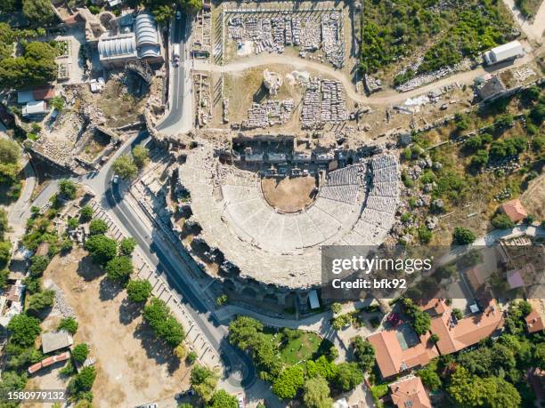 aerial view of side ancient city in antalya, turkey. - roman landscapes stock pictures, royalty-free photos & images