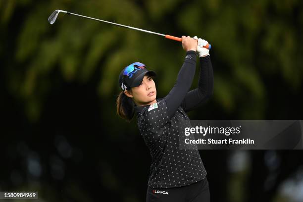 Moriya Jutanugarn of Thailand plays a shot on the 1st hole during the Final Round of the Amundi Evian Championship at Evian Resort Golf Club on July...