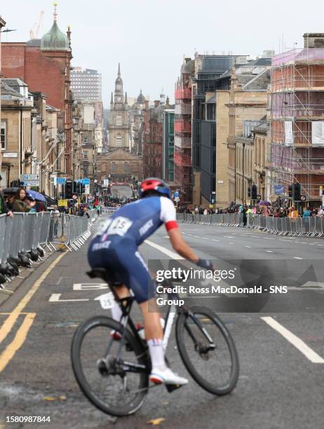 Cyclists go through Glasgow City Centre during the UCI Cycling Championship men's elite road race, on August 06 in Glasgow, Scotland.