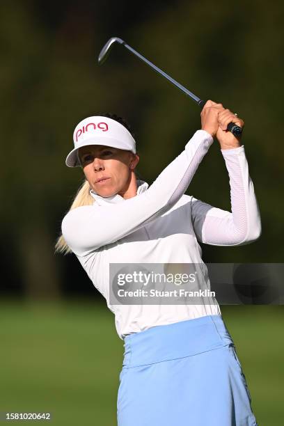 Pernilla Lindberg of Sweden plays her second shot on the 1st hole during the Final Round of the Amundi Evian Championship at Evian Resort Golf Club...