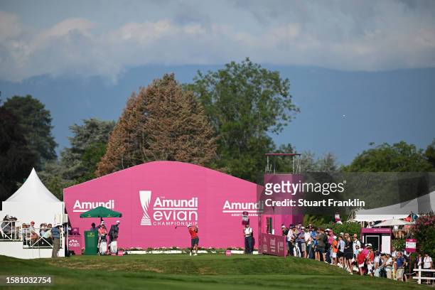 Peiyun Chien of Taiwan tees off on the 1st hole during the Final Round of the Amundi Evian Championship at Evian Resort Golf Club on July 30, 2023 in...