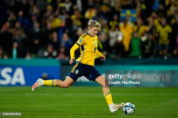 Lina Hurtig of Sweden and Arsenal shooting to goal in the penalty shootout during the FIFA Women's World Cup Australia &amp; New Zealand 2023 Round...