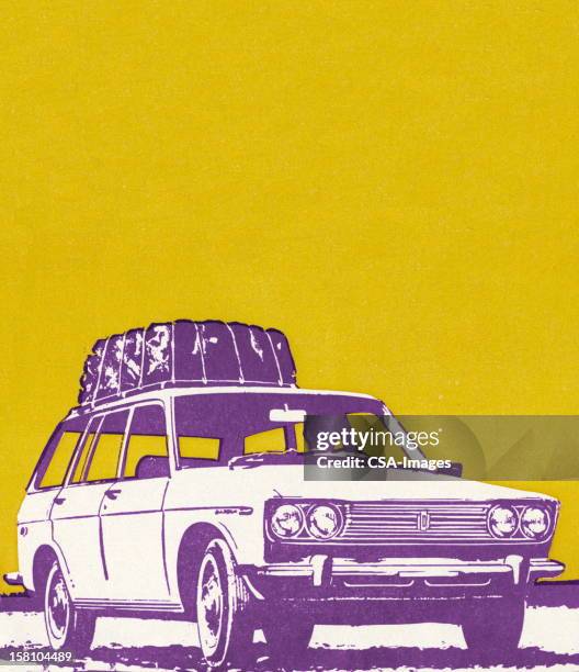 car with package on roof - station wagon stock illustrations