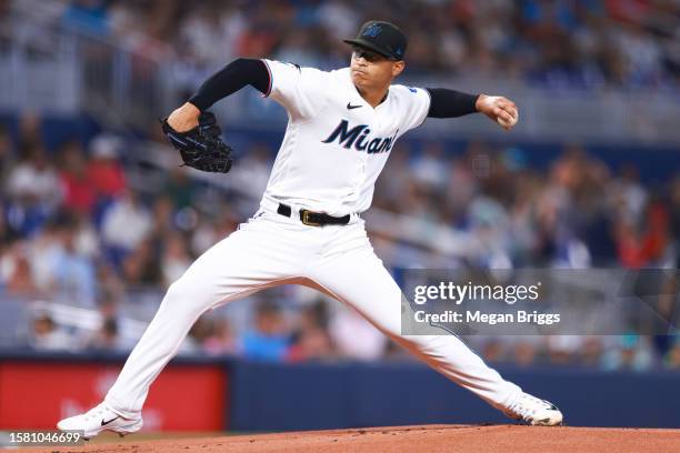 Jesus Luzardo of the Miami Marlins pitches against the Detroit Tigers during the first inning at loanDepot park on July 30, 2023 in Miami, Florida.