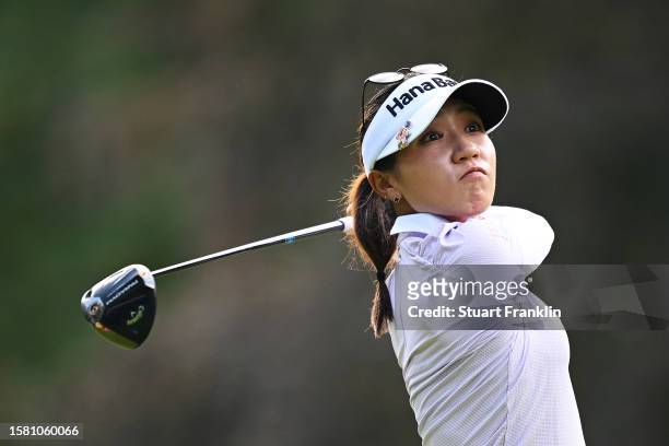 Lydia Ko of New Zealand tees off on the 4th hole during the Final Round of the Amundi Evian Championship at Evian Resort Golf Club on July 30, 2023...