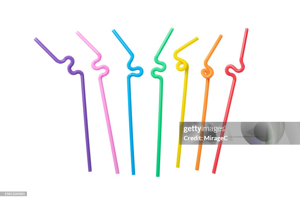 Curved Colorful Plastic Drinking Straws Isolated on White