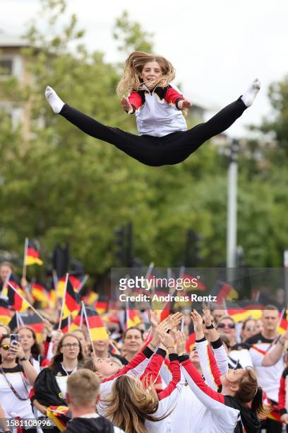 Gymnasts are seen on parade ahead of the opening ceremony on day 1 of the World Gymnaestrada on July 30, 2023 in Amsterdam, Netherlands. The World...