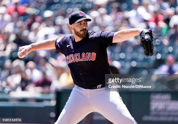 Aaron Civale of the Cleveland Guardians throws a pitch during the first inning of a game against the Chicago White Sox at Guaranteed Rate Field on...