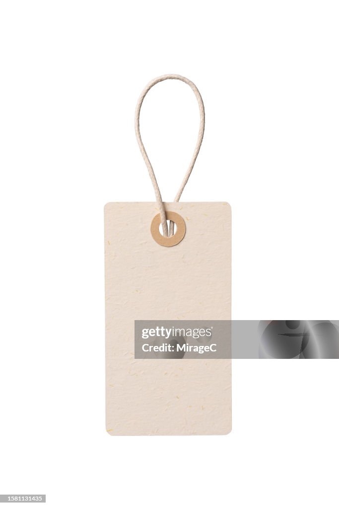 Rectangle Shape Beige Paper Price Tag With Rope on White