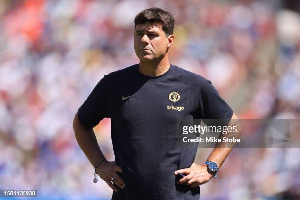 Mauricio Pochettino, Manager of Chelsea, looks on during the Premier League Summer Series match between Chelsea FC and Fulham FC at FedExField on...