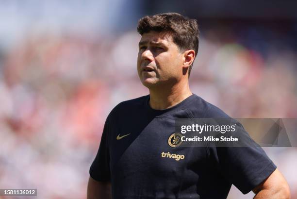 Mauricio Pochettino, Manager of Chelsea, looks on during the Premier League Summer Series match between Chelsea FC and Fulham FC at FedExField on...