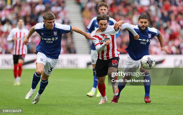 Patrick Roberts of Sunderland tries to break through the Ipswich defence during the Sky Bet Championship match between Sunderland and Ipswich Town at...