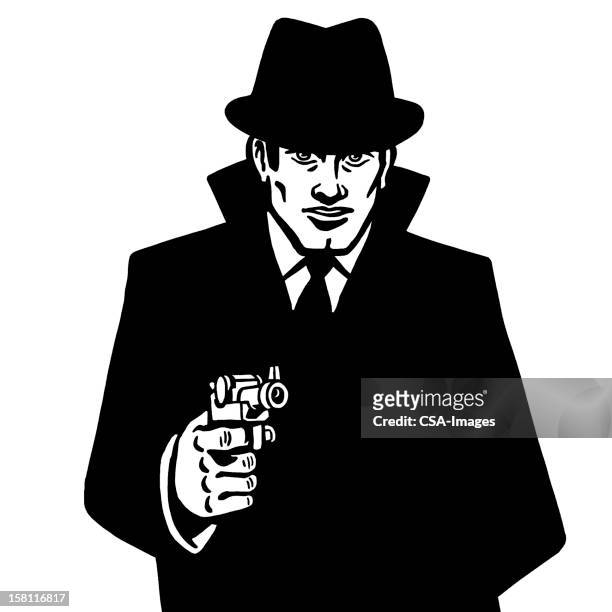 man in hat pointing gun - trench coat stock illustrations