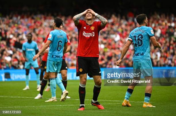 Dublin , Ireland - 6 August 2023; Victor Lindelöf of Manchester United reacts during the pre-season friendly match between Manchester United and...
