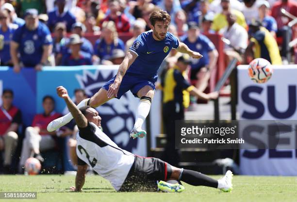 Ben Chilwell of Chelsea is tackled by Kenny Tete of Fulham during the Premier League Summer Series match between Chelsea FC and Fulham FC at...