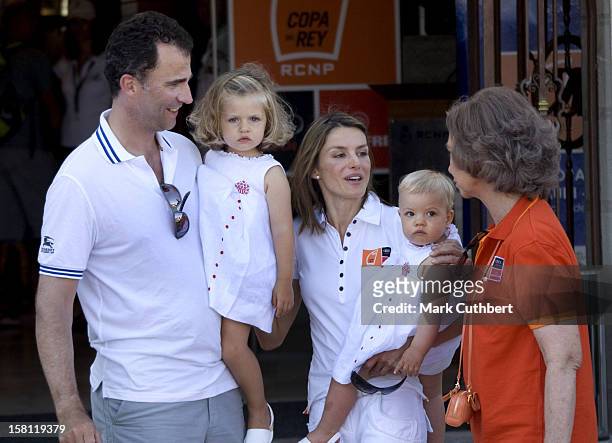 Princess Letizia With Queen Sofia And Prince Felipe At The Royal Yacht Club After The Day'S Racing On Day 2 Of The Copa Del Rey Sailing Regatta In...