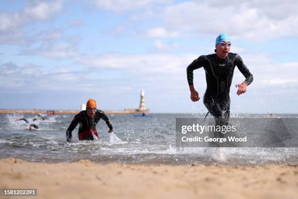 Kyotaro Yoshikawa of Team Japan competes in the Elite Mixed Relay race during the World Triathlon Series Sunderland at Roker Beach on July 30, 2023...