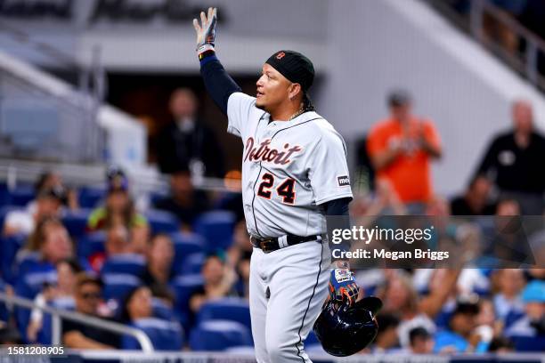 Miguel Cabrera of the Detroit Tigers waves to fans during the seventh inning of the game against the Miami Marlins at loanDepot park on July 30, 2023...