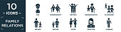 filled family relations icon set. contain flat son, grandparents, brother, granddaughter, ex-husband, nephew, mother, sister, daughter, husband icons in editable format..