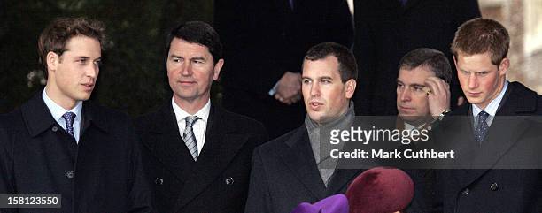 Prince William, Tim Laurence, Peter Phillips, The Duke Of York & Prince Harry Attend The Christmas Day Service At Sandringham Church. .