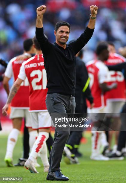 Arsenal manager Mikel Arteta celebrates after winning The FA Community Shield match between Manchester City against Arsenal at Wembley Stadium on...