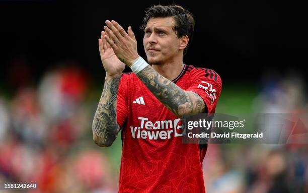 Dublin , Ireland - 6 August 2023; Victor Lindelöf of Manchester United after the pre-season friendly match between Manchester United and Athletic...