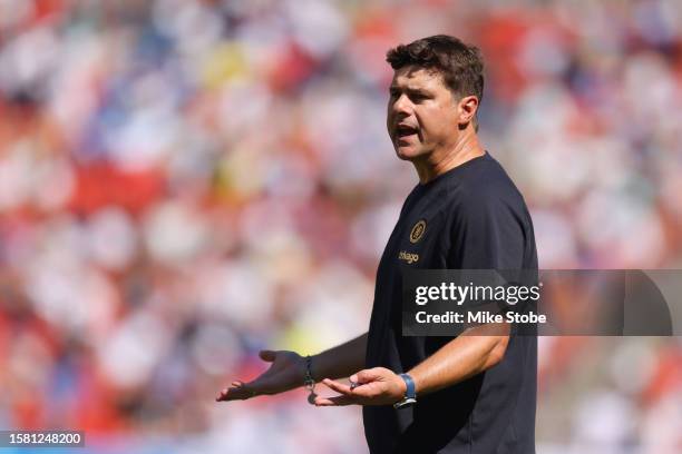 Mauricio Pochettino, Manager of Chelsea, reacts during the Premier League Summer Series match between Chelsea FC and Fulham FC at FedExField on July...