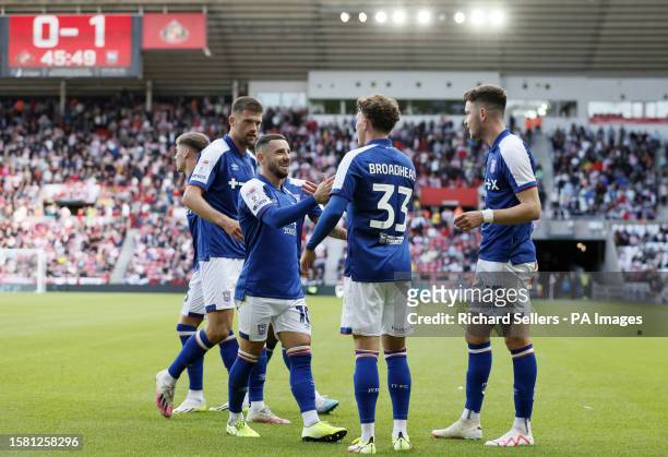 Ipswich Town's Nathan Broadhead has a muted celebration after scoring against his former team during the Sky Bet Championship match at the Stadium of...