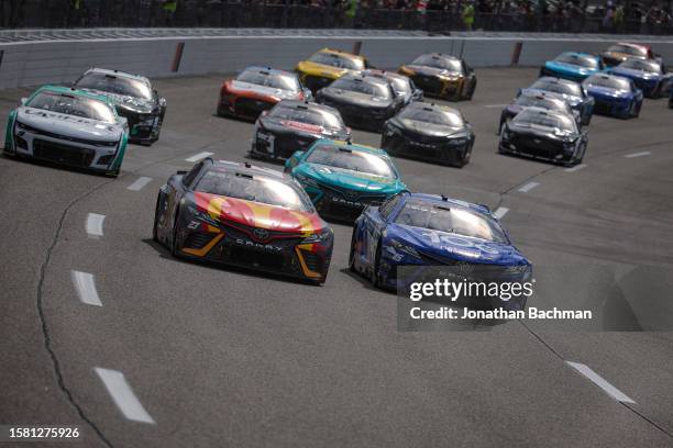 Bubba Wallace, driver of the McDonald's Toyota, Tyler Reddick, driver of the Xfinity 10G Network Toyota, Denny Hamlin, driver of the Mavis Tires &...