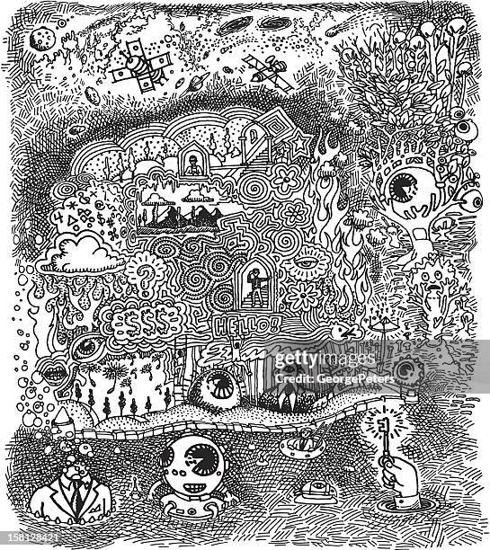 doodle about dreams, psychology and science - spiritual journey stock illustrations