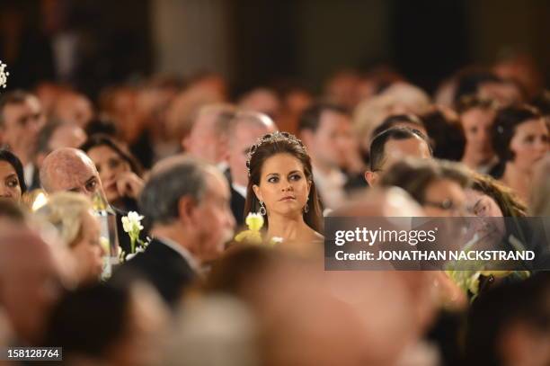 Princess Madeleine of Sweden attends the Nobel Banquet, a traditional dinner, after the Nobel Prize awarding ceremony at the Stockholm City Hall, on...