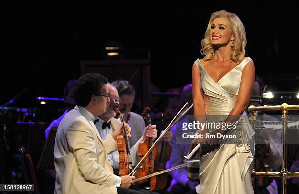 Welsh mezzo-soprano Katherine Jenkins performs live on stage at the Royal Albert Hall, during her 'This Is Christmas' tour on December 10, 2012 in...