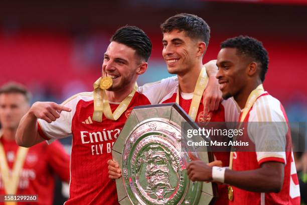 Arsenal's Declan Rice celebrates with teammates after winning The FA Community Shield match between Manchester City against Arsenal at Wembley...