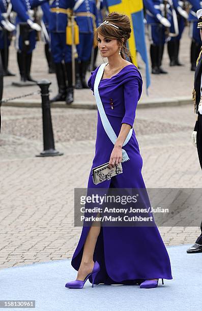 Queen Rania Of Jordan At The Wedding Of Crown Princess Victoria Of Sweden And Daniel Westling At Stockholm Cathedral.