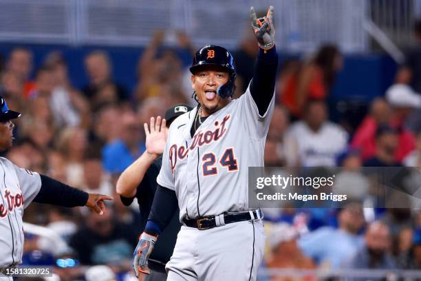 Miguel Cabrera of the Detroit Tigers reacts on third base during the seventh inning of the game against the Miami Marlins at loanDepot park on July...
