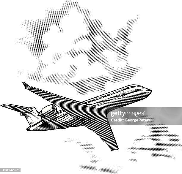 airplane and clouds - cross hatching stock illustrations